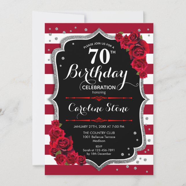 70th Birthday - Red Silver Black W Stripes Roses Invitation (Front)
