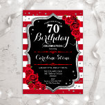 70th Birthday - Red Silver Black W Stripes Roses Invitation<br><div class="desc">70th Birthday Invitation.
Elegant marsala wine red black white design with faux glitter silver. Dark red stripes with roses. Perfect for an elegant birthday party. Can be customized to show any age!</div>