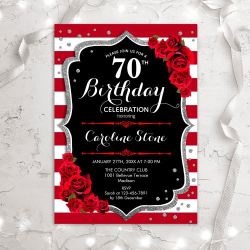 70th Birthday _ Red Silver Black W Stripes Roses Invitation