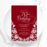 70th Birthday Red Silver Roses Invitation<br><div class="desc">Red silver elegant 70th birthday party invitation. Classy design featuring roses,  faux silver foil and typography script font. Trendy invite card perfect for a stylish female bday celebration. Personalize with your own details. Can be customized to any age. Printed Zazzle invitations or instant download digital printable template.</div>