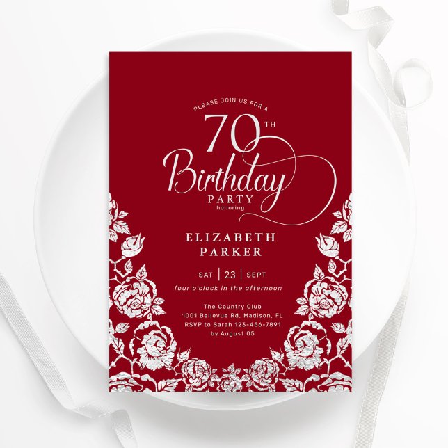 70th Birthday Red Silver Roses Invitation (Creator Uploaded)