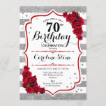 70th Birthday -  Red Silver White Stripes Roses Invitation<br><div class="desc">70th Birthday Invitation
Elegant silver white red design with faux glitter. Silver and white stripes with red roses. Perfect for an elegant birthday party.</div>