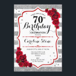 70th Birthday -  Red Silver White Stripes Roses Invitation<br><div class="desc">70th Birthday Invitation
Elegant silver white red design with faux glitter. Silver and white stripes with red roses. Perfect for an elegant birthday party.</div>