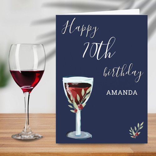 70th Birthday Red Wine Rose Watercolor Navy Blue Card