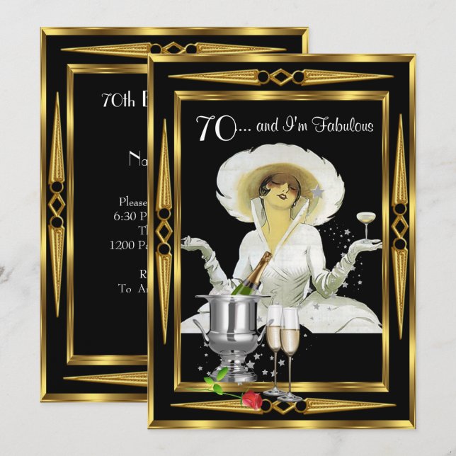 70th Birthday Retro Diva Art Deco Black Gold Invitation (Front/Back)