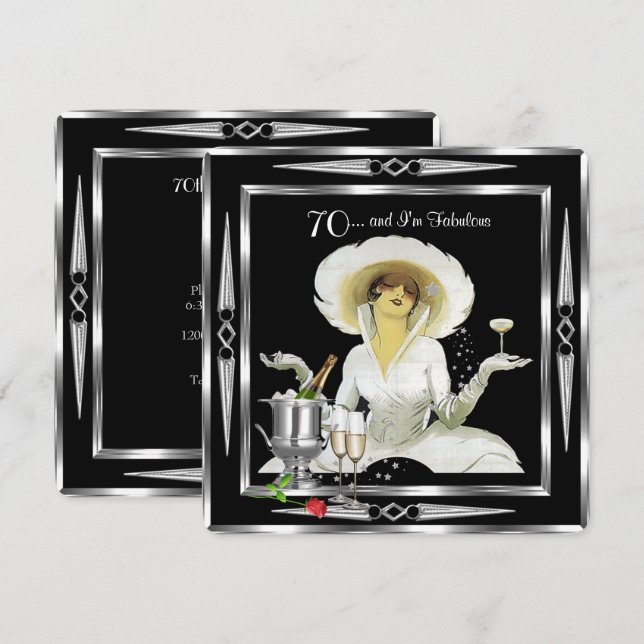 70th Birthday Retro Diva Art Deco Black Silver 2 Invitation (Front/Back)