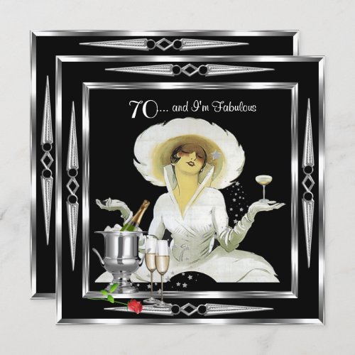 70th Birthday Retro Diva Art Deco Black Silver 2 Invitation