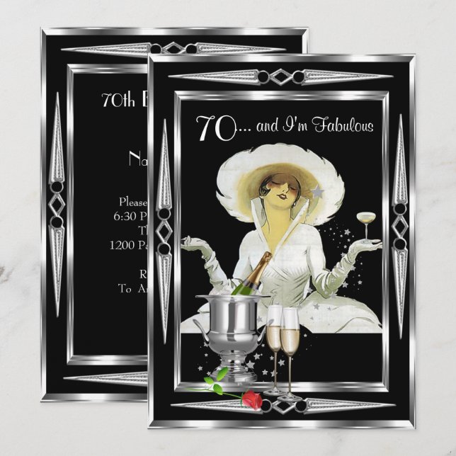 70th Birthday Retro Diva Art Deco Black Silver Invitation (Front/Back)