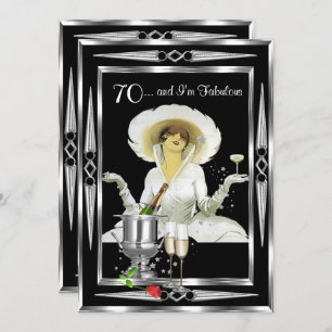 70th Birthday Retro Diva Art Deco Black Silver Invitation