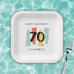 70th Birthday Retro Midcentury Modern Colorful Paper Plates<br><div class="desc">Celebrate a 70th birthday in colorful retro style with these midcentury modern paper plates! Featuring an atomic-era inspired geometric design and bold ‘Happy Birthday’ message, these plates are perfect for serving cake, snacks, or party meals. Suitable for men or women, they bring a fun yet stylish vintage touch to the...</div>