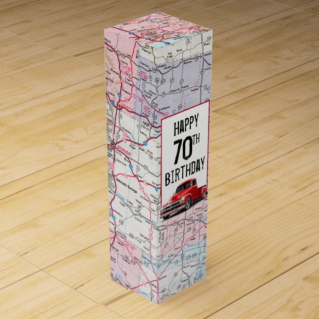 70th Birthday Retro Red Truck on Road Map  Wine Box (Front)