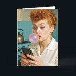 70th Birthday Retro Redhead Woman Texting  Card<br><div class="desc">A redheaded woman chewing pink bubblegum in a retro kitchen is texting on her smartphone for 70th birthday.
All text can be changed.</div>