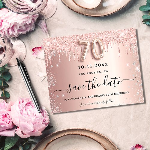 70th birthday rose glitter budget save the date flyer
