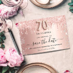 70th birthday rose glitter save the date announcement postcard<br><div class="desc">A feminine Save the Date card for a 70th birthday party. Rose gold gradient background decorated with rose gold and faux silver glitter drips. Personalize and add a date and name/text. The text: Save the Date is written with a large trendy hand lettered style script with swashes. Number 70 with...</div>