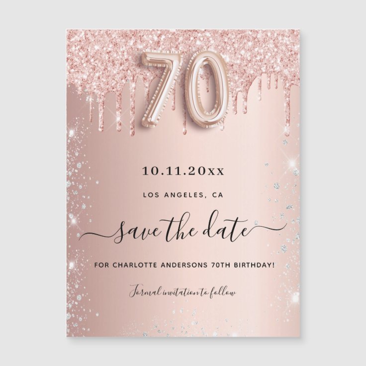 70th birthday rose glitter save the date magnet | Zazzle