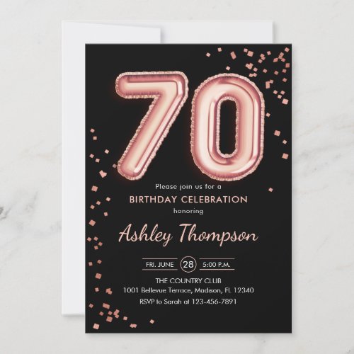 70th Birthday _ Rose Gold Balloons Black Invitation