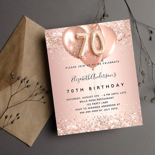 70th birthday rose gold balloons budget invitation flyer