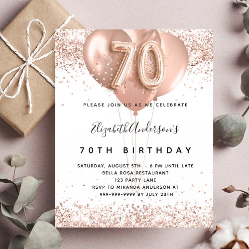 70th birthday rose gold balloons budget invitation flyer