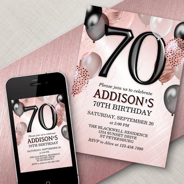 70th Birthday Rose Gold Balloons Invitation (Creator Uploaded)