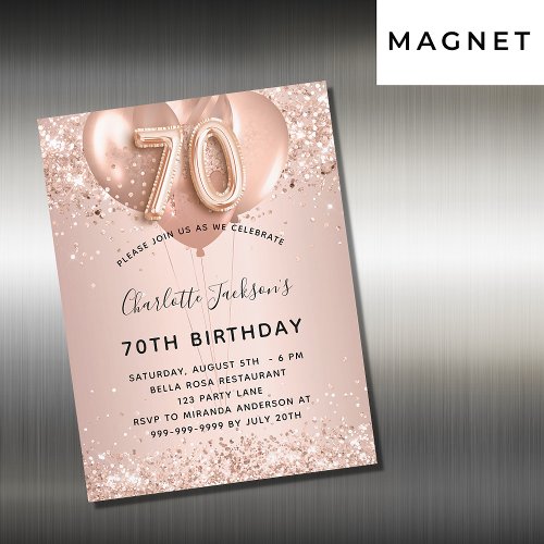 70th birthday rose gold balloons invitation magnet