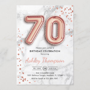 70th Birthday - Rose Gold Balloons Marble Effect Invitation