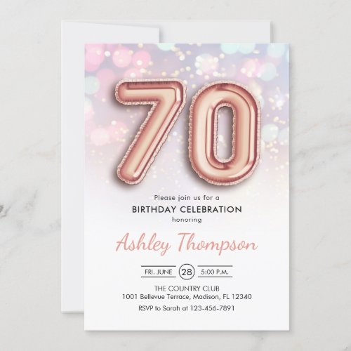 70th Birthday _ Rose Gold Balloons Pink Lights Invitation