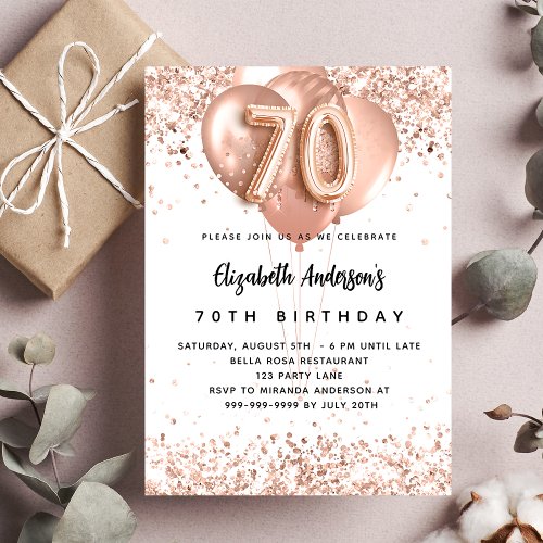 70th birthday rose gold balloons white luxury invitation