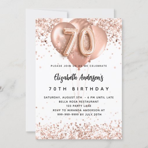 70th Birthday Rose Gold Balloons White Sparkles Invitation 