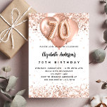 70th birthday rose gold balloons white sparkles invitation postcard<br><div class="desc">For an elegant 70th birthday.  A white background. Decorated with rose gold,  pink faux glitter,  sparkles and balloons.  Personalize and add a name,  and party details. The name is written with a hand lettered style script,  number 70 with balloon style fonts.</div>