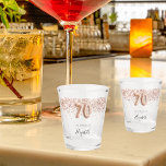 70th birthday rose gold blus confetti name shot glass<br><div class="desc">For a 70th birthday. Transparent background.  Decorated with rose gold sparkles,  confetti.  Personalize and add a date,  name. Number 70 is written with a balloon style font.</div>