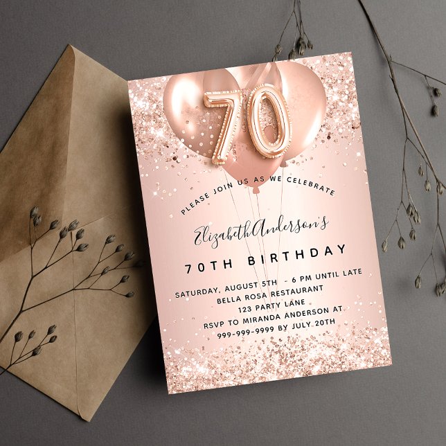 70th birthday rose gold blush balloons invitation (Creator Uploaded)