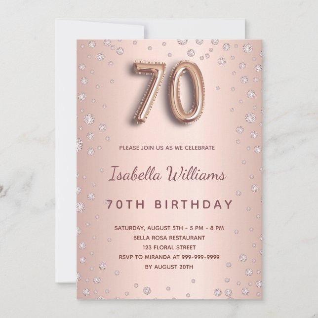 70th birthday rose gold blush diamonds elegant invitation (Front)
