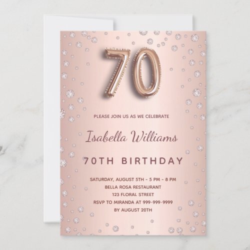 70th birthday rose gold blush diamonds elegant invitation