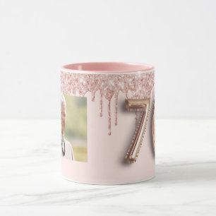 70th birthday rose gold blush glitter drips photo mug