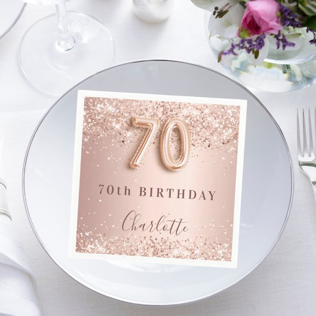 70th birthday rose gold blush glitter name napkins (Creator Uploaded)