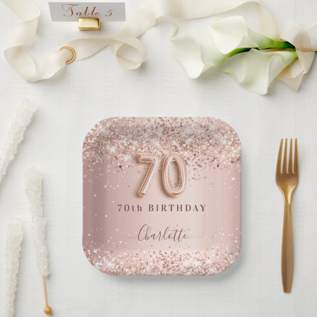 70th birthday rose gold blush glitter name paper plates (Wedding)