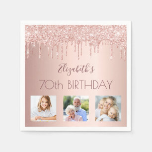 70th birthday rose gold blush glitter photo napkins
