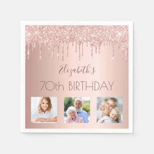 70th birthday rose gold blush glitter photo napkins (Front)