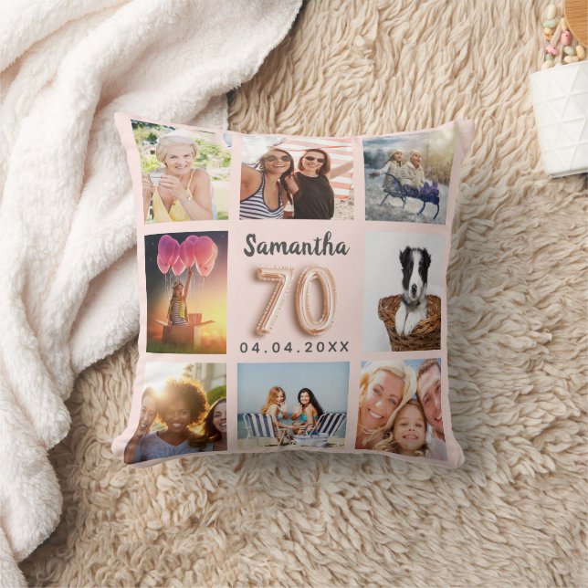 70th birthday rose gold blush photo collage throw pillow (Blanket)