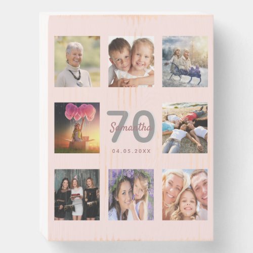70th birthday rose gold blush photo collage wooden box sign