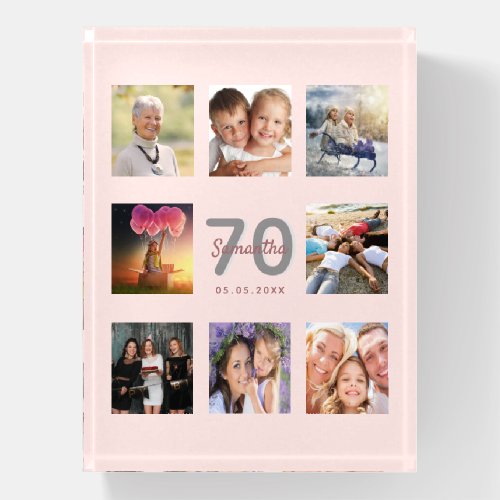 70th birthday rose gold blush pink photo name paperweight