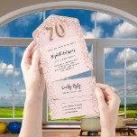70th birthday rose gold blush sparkle party RSVP All In One Invitation<br><div class="desc">Rose gold,  blush colored background,  decorated with faux glitter sparkles on the inside. Personalize and add a photo,  names,  party details,  RSVP date,  return address and name.  Number 70 is written with a balloon style number.</div>