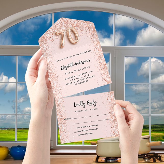 70th birthday rose gold blush sparkle party RSVP All In One Invitation (Creator Uploaded)