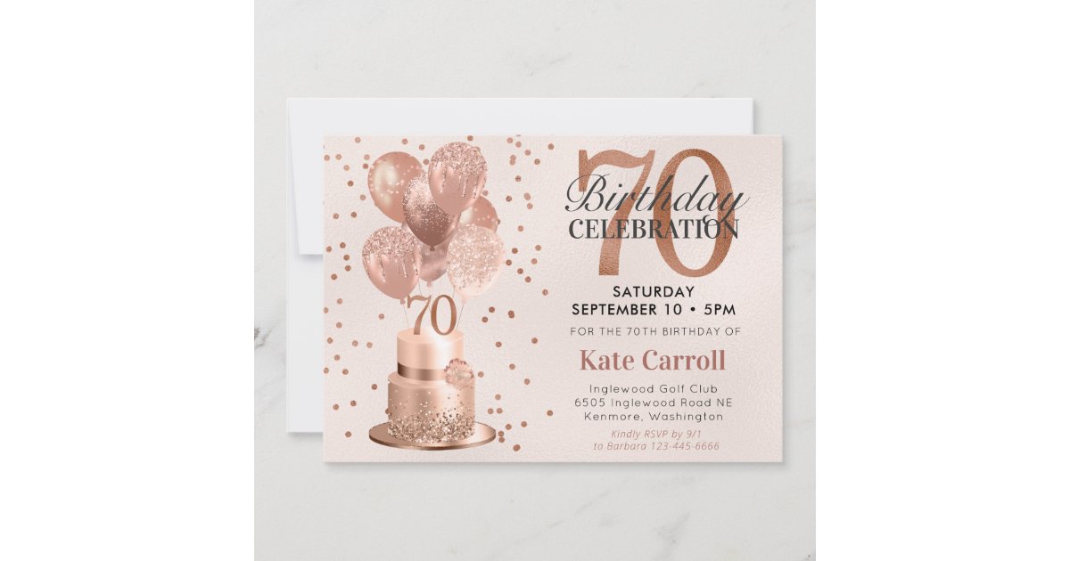 70th Birthday Rose Gold Cake Invitation