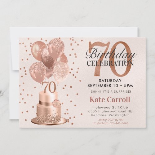 70th Birthday Rose Gold Cake Surprise Party Invitation