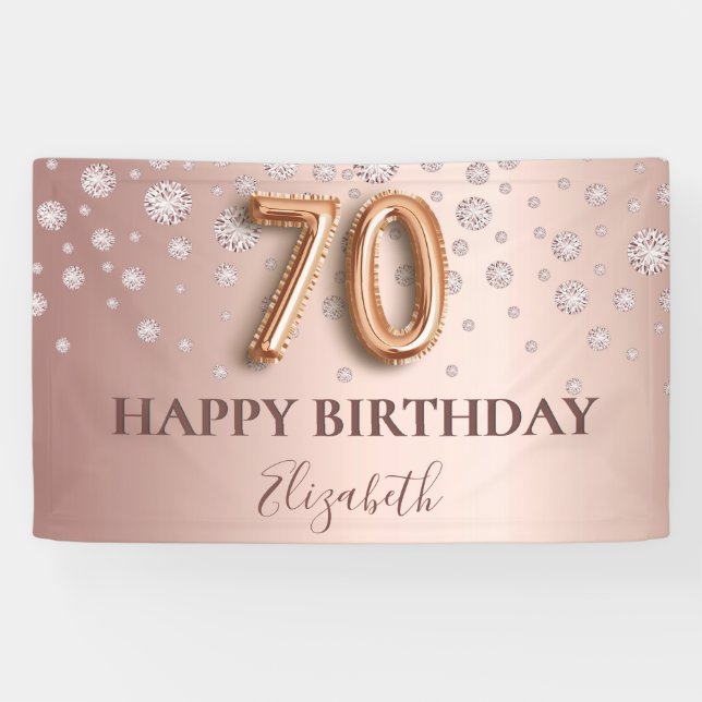 70th birthday rose gold diamonds balloon script banner (Horizontal)