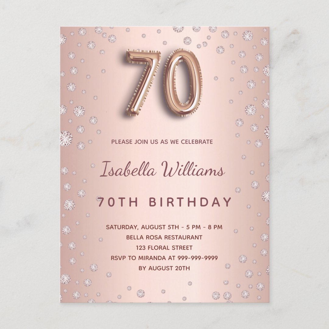 70th birthday rose gold diamons balloon script postcard | Zazzle