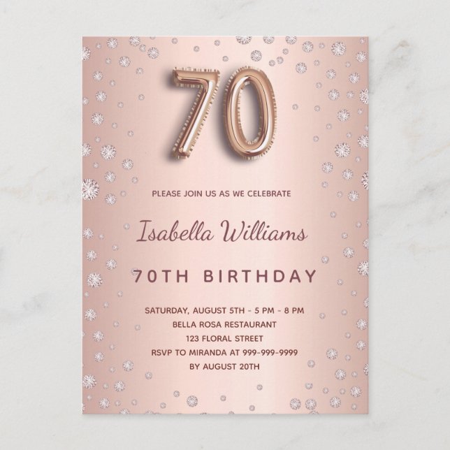 70th birthday rose gold diamons balloon script postcard (Front)