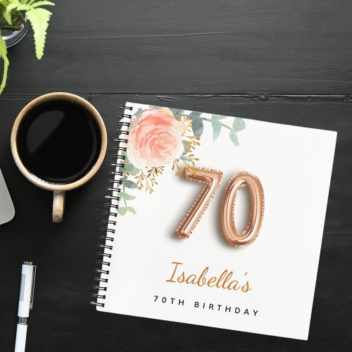 70th birthday rose gold eucalyptus guest book