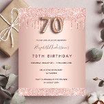 70th birthday rose gold glitter blush invitation postcard<br><div class="desc">A modern, stylish and glamorous invitation for a 70th birthday party. A faux rose gold metallic looking background with an elegant faux rose gold glitter drip, paint drip look. The name is written with a modern dark rose gold colored hand lettered style script. Personalize and add your party details. Number...</div>